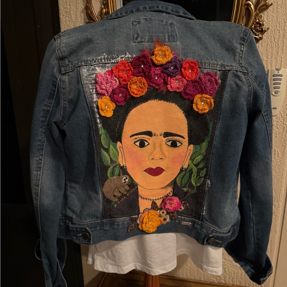 Red and Pink Floral Jean Jacket with Artistic Embellishments
